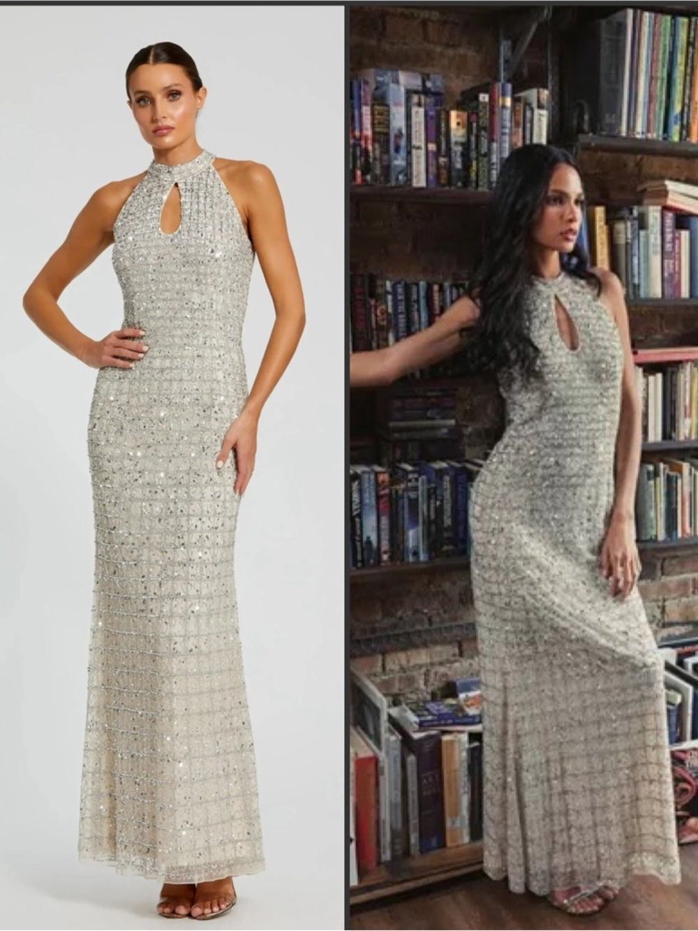 NWOT Mac Duggal Nude Silver 23018 Embellished Halter Neck Keyhole Gown Size 2